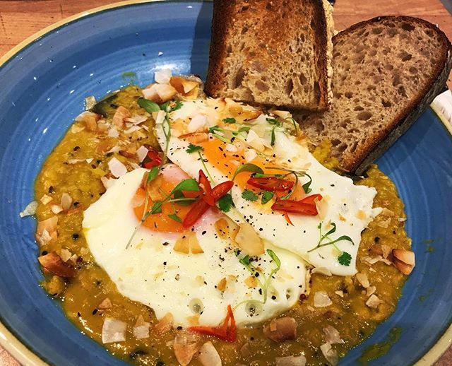 Red lentil and coconut daal with fried eggs… umm yes please. @rachelstoplar